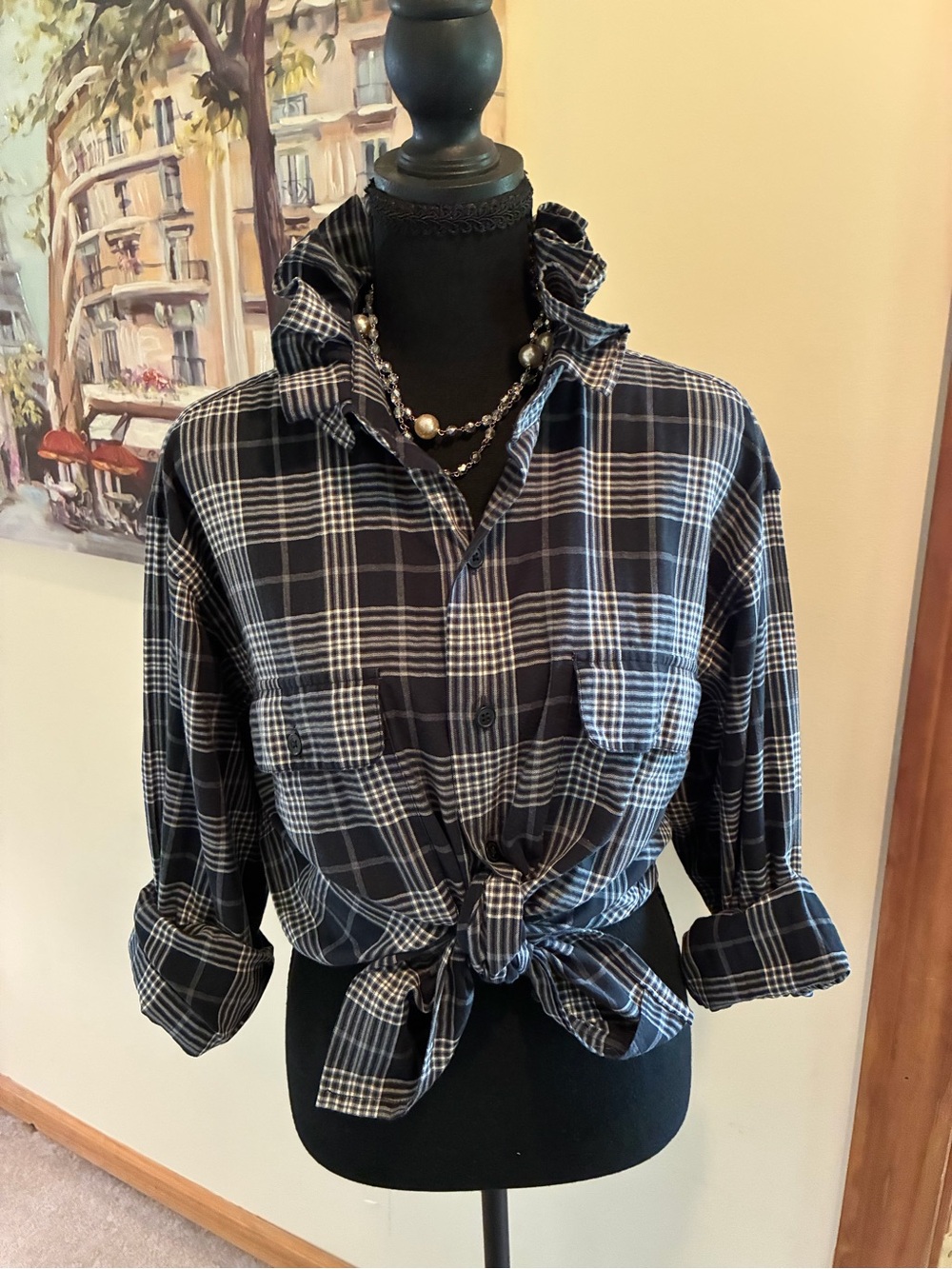 Ralph Lauren Black and White Plaid Button-Down Tie Front Shirt